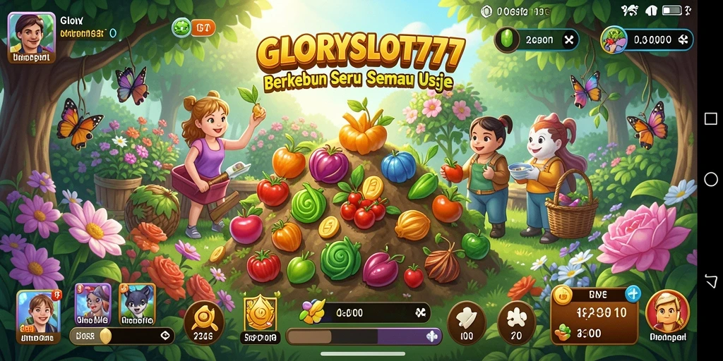 Tampilan gameplay seru dalam GLORYSLOT777 dengan berbagai aktivitas berkebun.