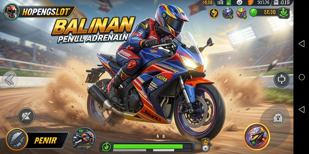 Gameplay seru HOPENGSLOT dengan balapan motor yang mendebarkan.